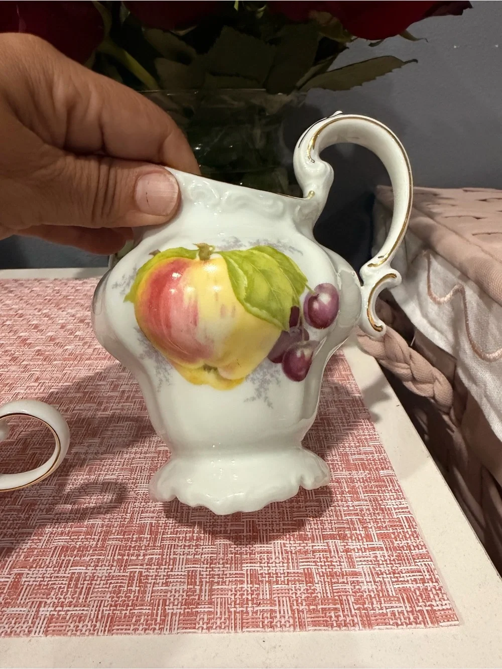Porcelain Fruit-Pattern Creamer and Sugar Bowls - White with Gold Trim